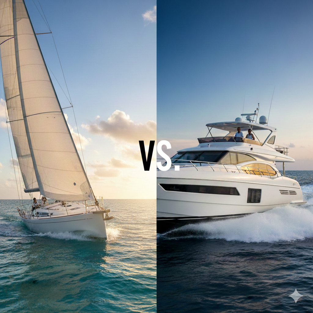 Velero vs barco a motor Comparación visual entre un velero (sailboat) a la izquierda y un barco a motor (motorboat) a la derecha, ilustrando la diferencia entre las dos embarcaciones.